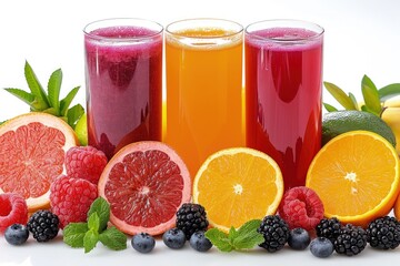 Glasses of fresh orange or tangerine juice with fruits and berries on the side isolated 