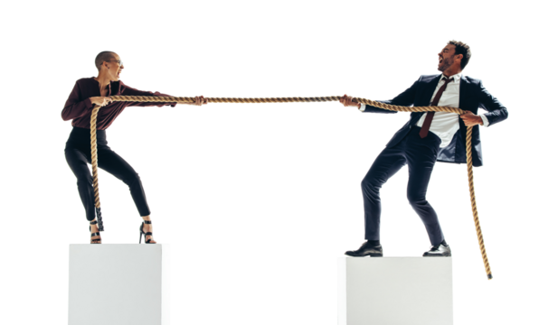 Ambitious businesspeople battling in a tug of war on a transparent background