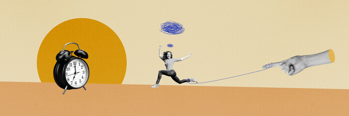 Photo collage picture poster young running girl controlled tied leg arm finger caricature alarm...