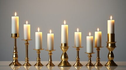 Elegant White Candles Alight in Sleek Gold Candle Holders Against a Gray Backdrop