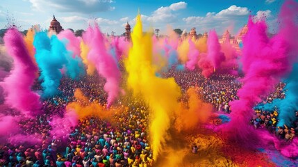 Obraz na płótnie Canvas Vibrant burst of colors as people engage in the joyous tradition of throwing colored powders during a Holi celebration 