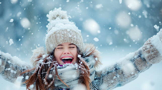 A child throws snow up. Selective focus.