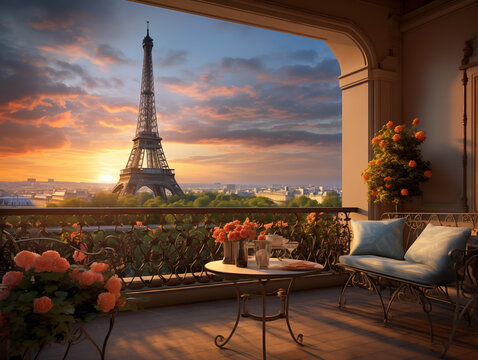 Balcony view in Paris Outside the window saw Eiffel.
