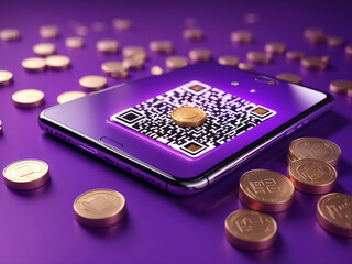 QR code scanning on mobile phone correct mark finish with coins floating on purple background. pay money or online payment, shopping special concept. transaction financial. 3d rendering design