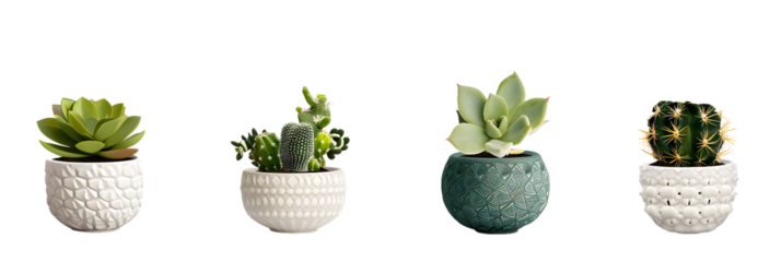 collection Set of different mixed cactus and succulents types of small mini plant in modern ceramic nordic vase pot as furniture cutouts isolated on transparent png background