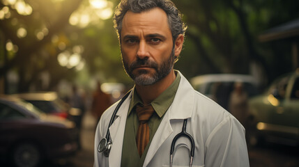 Fototapeta premium A dedicated doctor stands resolute, embodying compassion and strength on a busy street.