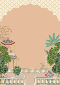 Mughal garden with peacock and palace vector pattern for wallpaper
