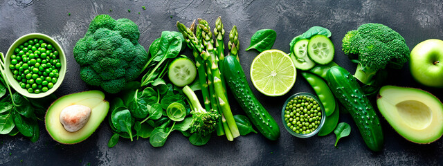 Green vegetables and fruits healthy eating. Selective focus.