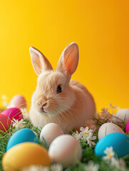 Fototapeta na wymiar Easter's joyous tale told through bunnies, eggs, and pastel perfection