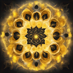 Yellow and black floral fractal mandala.
