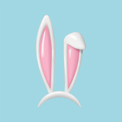 Rabbit ears realistic 3d vector illustrations. Pink rabbit ears isolated on blue background. Render element.