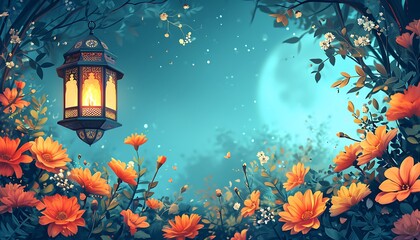 Obraz na płótnie Canvas beautiful flowers with lantern Islamic background, 3d illustration, Ramadan banner