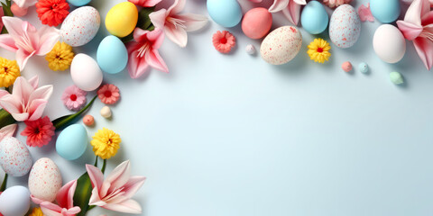 Easter poster and banner template with beautiful Easter multi-colored eggs and flowers.Promotion and shopping template for Easter. Beautiful easter promotion banner.Top view, flat lay.Space for text - obrazy, fototapety, plakaty