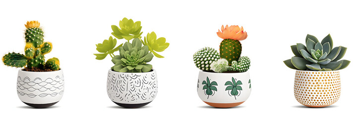 collection Set of different mixed cactus and succulents types of small mini plant in modern ceramic nordic vase pot as furniture cutouts isolated on transparent png background - obrazy, fototapety, plakaty