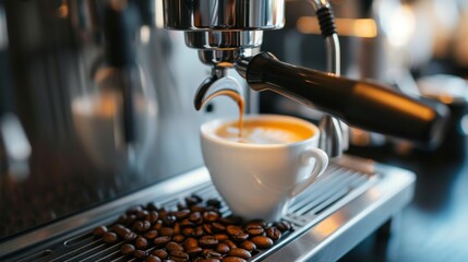 Freshly brewed coffee with a modern coffee machine background