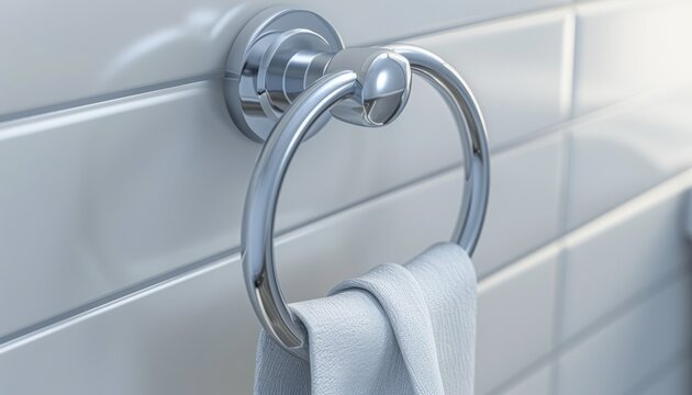 Hand towel ring, brushed nickel, conveniently placed near the sink,  , isolated white background,
