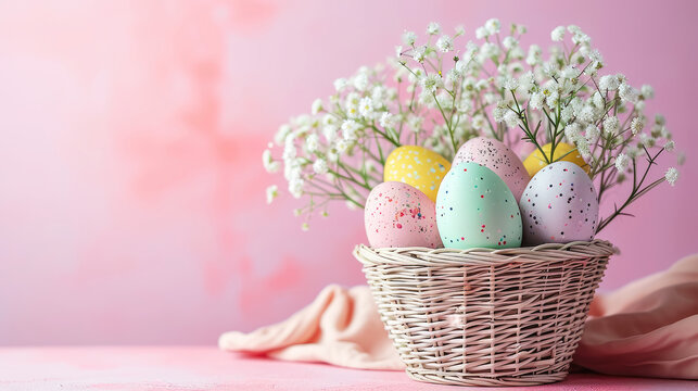 Happy Easter day Basket Brimming with Colorful Eggs and Spring Flowers copy space pink pastel
