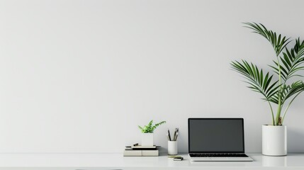 Minimalist home office interior with a clean desk, laptop, potted plant, and ample white wall space for text background