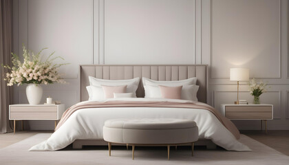 Fototapeta na wymiar Modern luxury elegant bedroom with spring vibes with flowers and bed with white sheets. interior decoration. Well-appointed interior design. template.