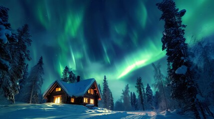 Northern lights over a snowy landscape with a wooden cabin and pine trees background.