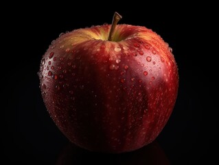 Apple with a black background, adorned with glistening water droplets.