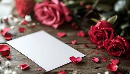 Mockup for a greeting card. Blank greeting card on a table with flowers. Valentine's Day, Birthday, Happy Women's Day, Mother's Day. Stylish invitation card layout, postcard, frame or banner template.