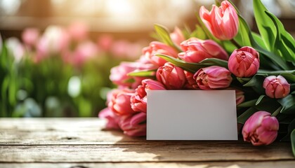 Mockup for a greeting card. Blank greeting card on a table with flowers. Valentine's Day, Birthday, Happy Women's Day, Mother's Day. Stylish invitation card layout, postcard, frame or banner template. - obrazy, fototapety, plakaty