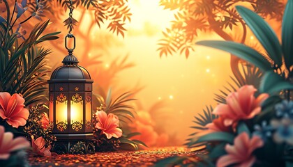 Fototapeta na wymiar Lanterns on the background of a blooming tree. Islamic background, eid banner