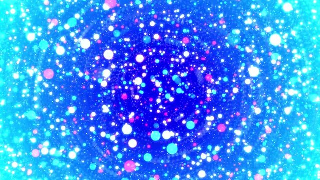 Abstract 4K motion loop blue background with falling colorful bubbles radially.