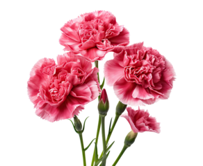 Trio of delicate pink carnations in full bloom, cut out