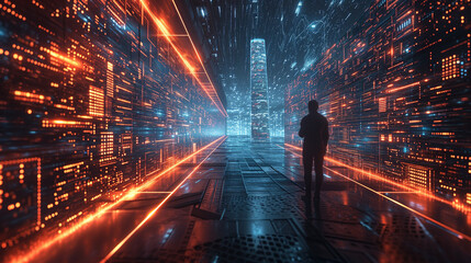 man on the threshold of the future, new technologies, neural networks, futurism - obrazy, fototapety, plakaty