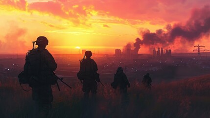 Soldiers in helmets and protective suits with backpacks in field with city in smoke against colorful sky in sundown in summer