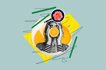 Collage pinup retro sketch image of funny lady holding citrus fruit clock isolated painting...