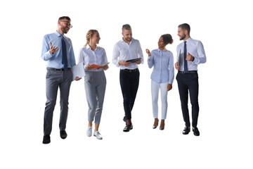 Modern business people discussing business and smiling while walking on a transparent background