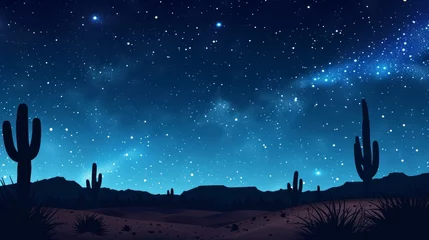 Fototapeten Starry night sky over a desert with silhouettes of cacti and sand dunes background. © furyon