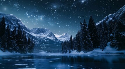Snowy mountain landscape with a frozen lake and pine trees, under a starry night sky background.