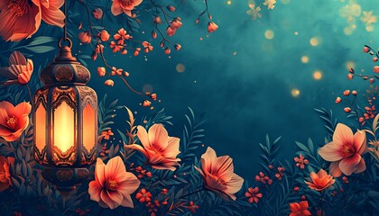 beautiful flowers with lantern Islamic background, 3d illustration, Ramadan banner