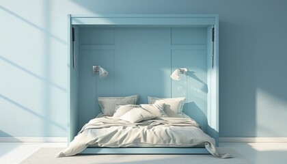 Murphy bed, sky blue, wall-mounted, 3d, isolated white background, clean simple,