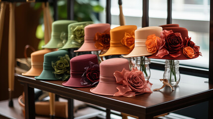 colorful women's hats in retro style. the fashion back in old style