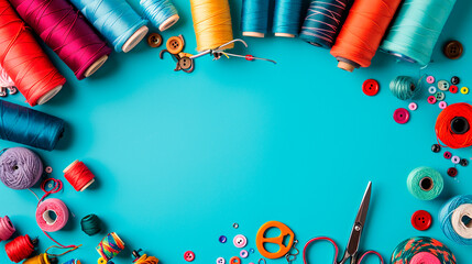 handicraft supplies on a blue background. Selective focus.