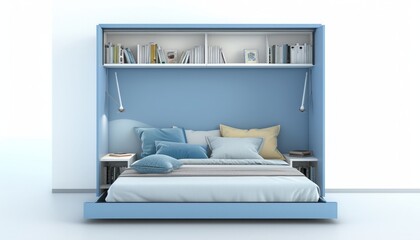 Murphy bed, sky blue, wall-mounted, 3d, isolated white background, clean simple,