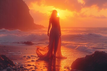 Sunset Serenade: A Woman in a Long Dress Walks Along the Ocean Shore Generative AI