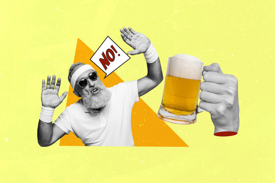 Photo sketch collage picture of funky sporty guy denying unhealthy way of life isolated yellow color background