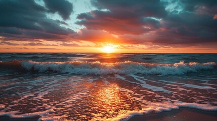 Vibrant sunset over calm ocean waves