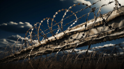 Rows of barbed wire on the state border. The separation of the two countries. Close-up of barbed wire