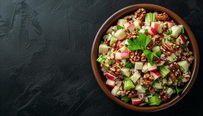Waldorf salad with apples, walnuts, and celery on a black texture background - obrazy, fototapety, plakaty
