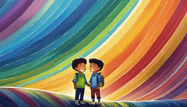 Boys holding hands on rainbow background, boys smiling, rainbow concept.