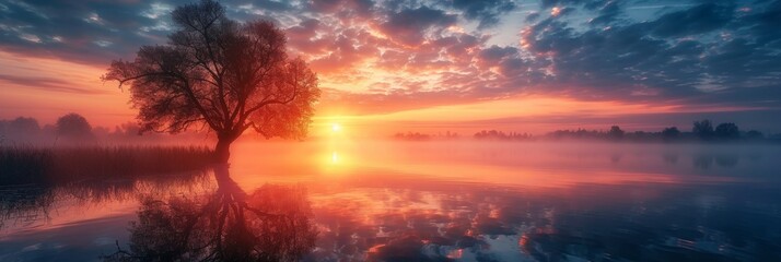 sunset over a lake with fog