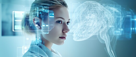Beautiful young woman scientist in white coat double exposure. Medical healthcare business and doctor service. Banner with Copy space. Generative AI