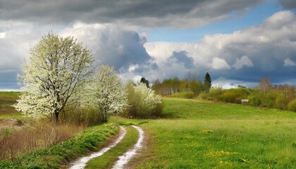 Rural nature in spring, road and flowering trees.